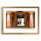 Extra large wall art depicting an abstract Bhutanese landscape in textured gold tones, ideal for living room decor.