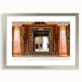 Textured abstract art print of Bhutan scenery in muted earth tones, framed with a silver mat, ideal for bedroom art.