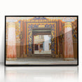 Large abstract wall art depicting a serene Bhutanese landscape in muted earth tones, framed in black acrylic.