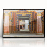 Large abstract wall art depicting a serene Bhutanese landscape in muted earth tones, framed in black acrylic.