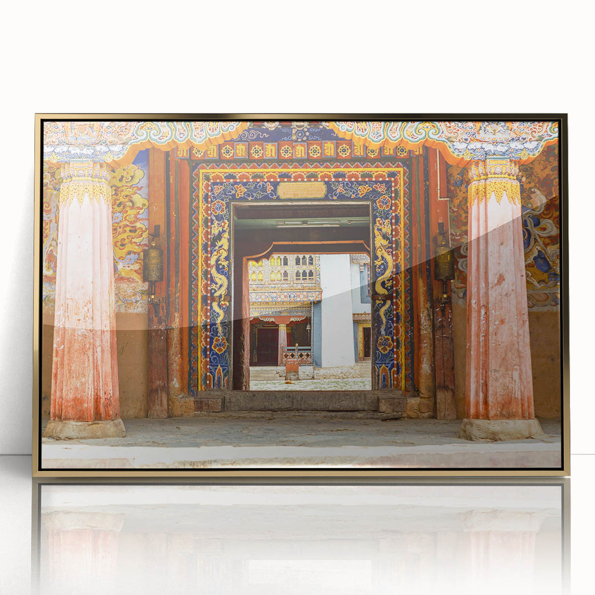 Mid-century modernist style large art print of Bhutan scenery in gold frame, acrylic, ideal for modern art wall decor.