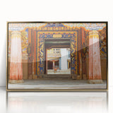Mid-century modernist style large art print of Bhutan scenery in gold frame, acrylic, ideal for modern art wall decor.
