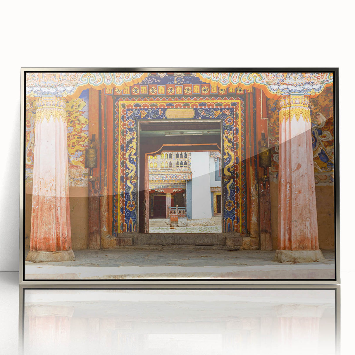 Mid-century modernist art of a Bhutanese landscape in muted earth tones on a framed acrylic, ideal for nursery wall art.