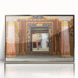 Mid-century modernist art of a Bhutanese landscape in muted earth tones on a framed acrylic, ideal for nursery wall art.