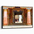 Black and white framed canvas featuring a vintage-style landscape of Bhutan, ideal for bedroom wall decor.