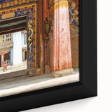 Extra large framed canvas featuring a textured, colorful Bhutanese landscape in muted earth tones.