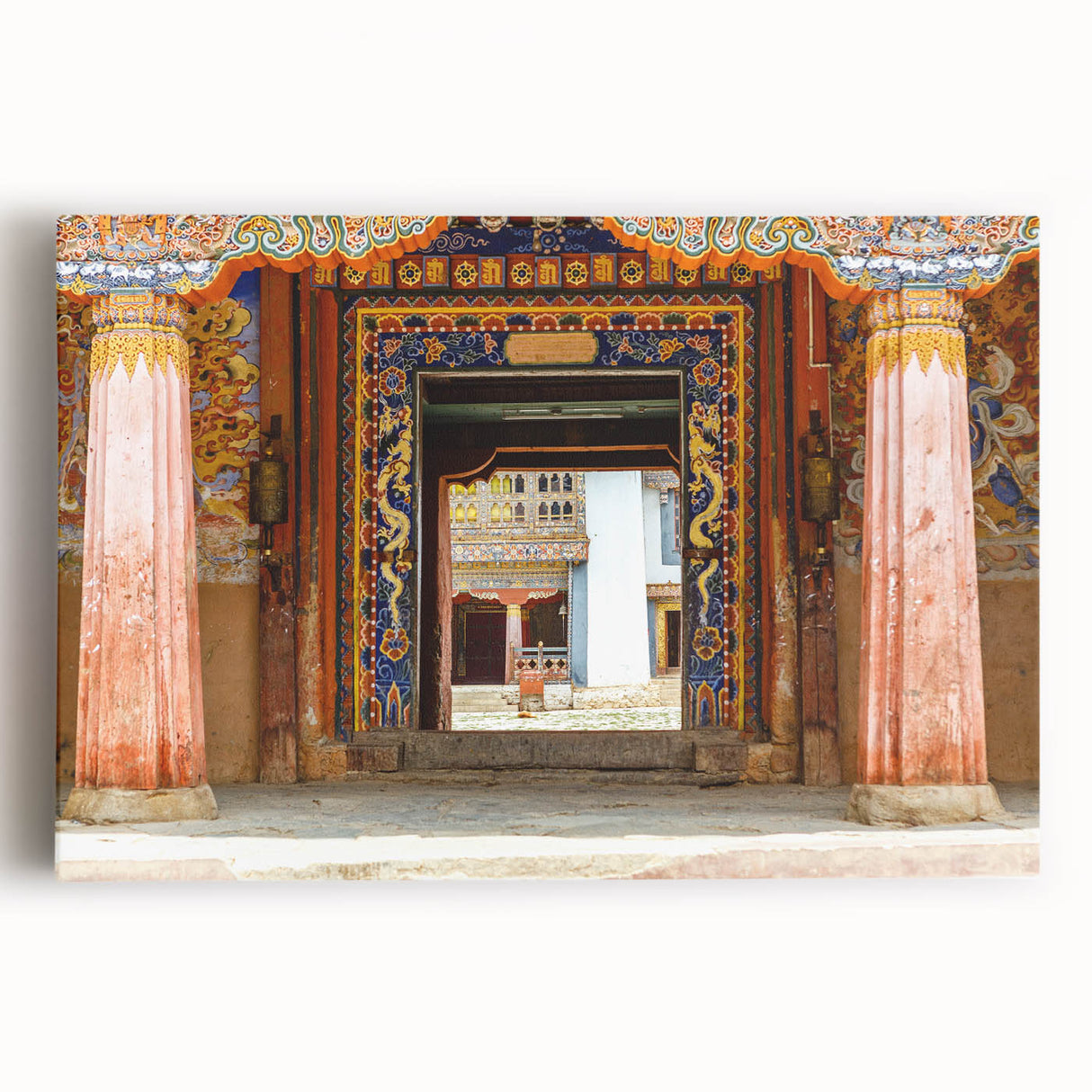 Large black and white stretched canvas of Bhutan scenery, ideal for kitchen wall art.