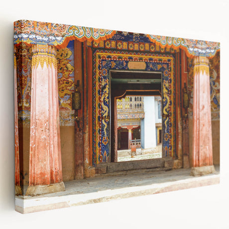 Large canvas print depicting a serene Bhutanese landscape in soft green and blue tones, suitable for kitchen wall art.