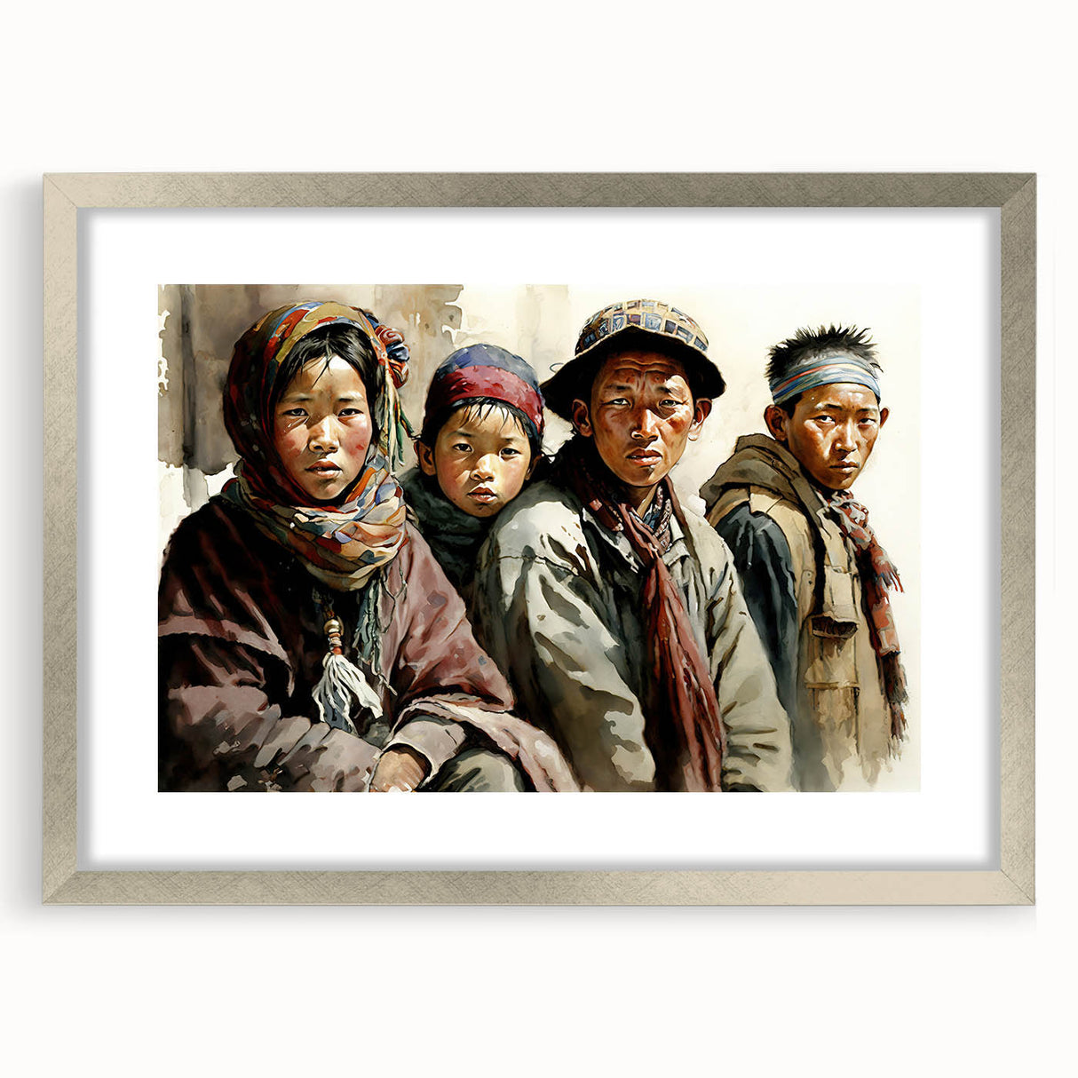 Textured art depicting an abstract Tibetan landscape in muted earth tones on a framed silver mat, ideal for bedroom art.