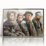 Mid-century modernist art depicting an Asian landscape in muted earth tones on a framed acrylic panel.