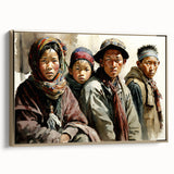 Framed canvas featuring a vintage-style landscape of Tibet with muted gold and black tones, ideal for bedroom wall art.