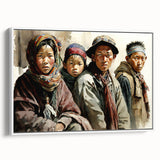 Vintage poster art of Tibet scenery on extra large framed canvas with colorful art on black background.