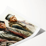 Extra large rolled print featuring line art flowers and Tibetan scenery in muted earth tones.