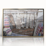 Large art print of a serene Georgian landscape in gold and green hues on acrylic, framed, in mid-century modernist style.