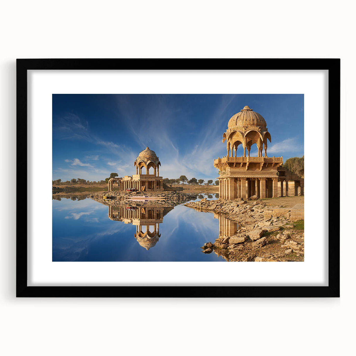 Extra large abstract art print featuring a colorful, textured depiction of an Asian landscape, framed in black.