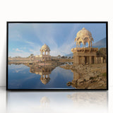 Large abstract wall art depicting a stylized Indian landscape in muted earth tones, framed in black acrylic.