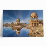 Black and white stretched canvas depicting a serene Indian landscape, ideal for kitchen wall art or bedroom decor.