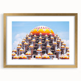 Extra large abstract art print featuring textured scenery of Indonesia in muted earth tones, framed in gold.