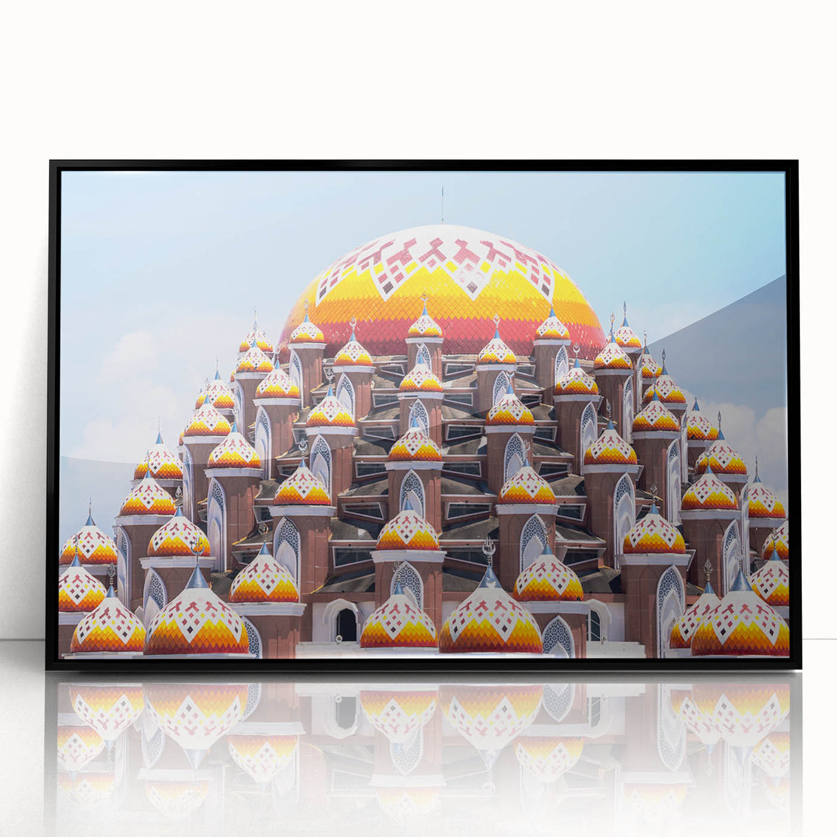 Large abstract wall art featuring a stylized Indonesian landscape in muted earth tones on a framed acrylic print.