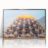 Mid-century modernist art of an Indonesian landscape in muted earth tones on a silver-framed acrylic print.