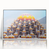 Art deco poster of an Indonesian landscape in muted greens and blues on framed acrylic, suitable for modern art wall decor.