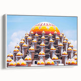 Vintage poster art of an Indonesian landscape on framed canvas, featuring vibrant colors, ideal for living room decor.