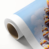 Art deco poster of an Indonesian landscape in muted green and brown tones, rolled canvas, ideal for nursery wall art.