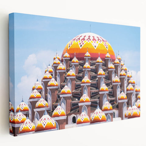Large canvas print of a serene Indonesian landscape in soft green and blue tones, ideal for kitchen wall art.