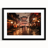 Extra large colorful art print depicting an abstract Kyoto scenery in vibrant hues on a textured canvas, framed in black.