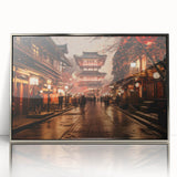 Mid-century modernist art depicting a serene Kyoto landscape in soft pastel shades on a silver-framed acrylic print.