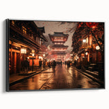 Black and white wall art featuring a vintage poster style landscape of Kyoto on framed canvas, suitable for bedroom decor.