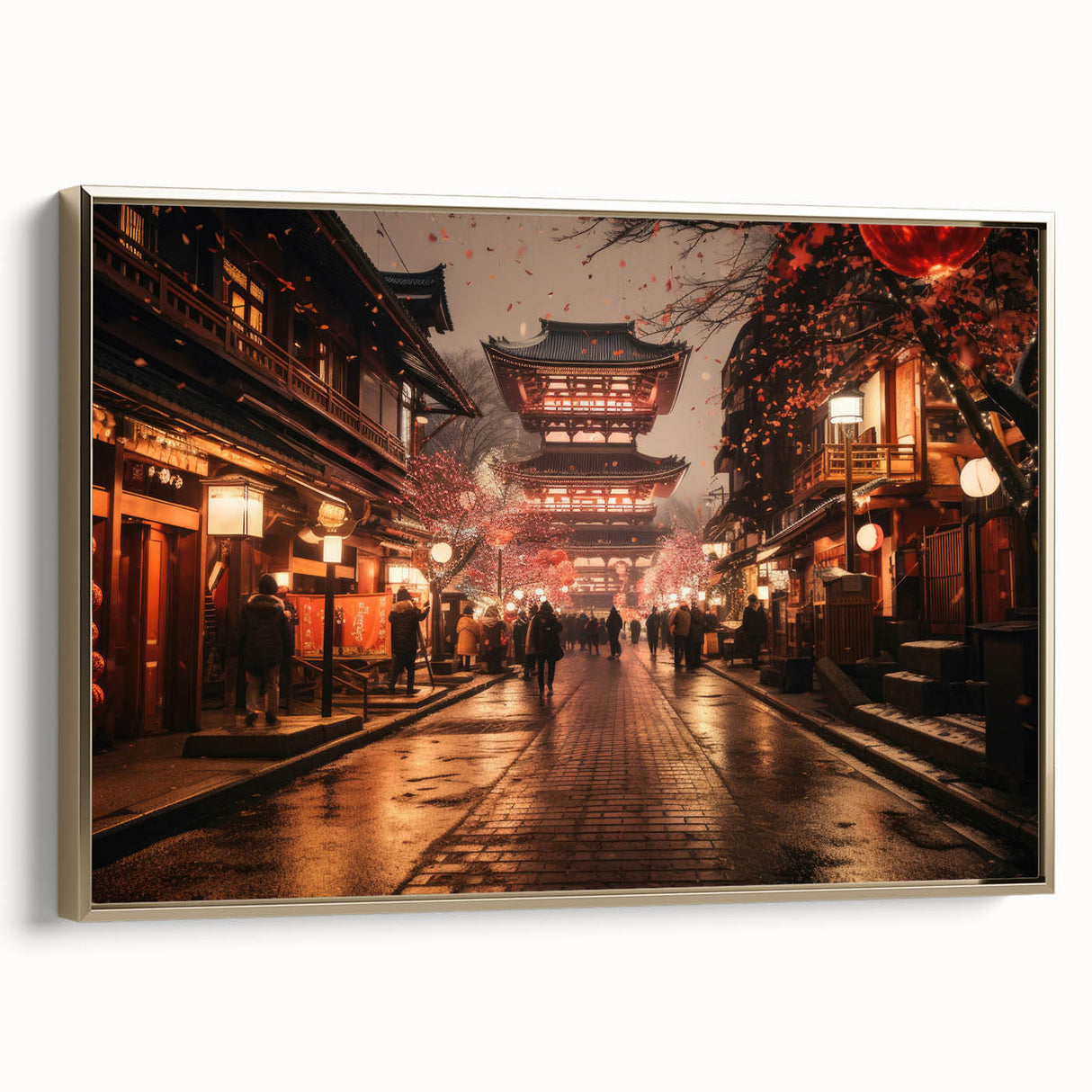 Framed canvas of a vintage-style Japanese landscape in Kyoto, featuring muted gold and black tones.