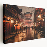 Large art depicting a serene Kyoto landscape in muted green and brown tones, printed on stretched canvas.
