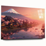 Large abstract wall art depicting an Asian scenery in muted earth tones on acrylic glass.