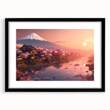 Extra large, textured abstract art print of a colorful, stylized Japanese landscape on a framed canvas.
