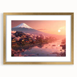 Extra large abstract art print depicting a textured Japanese scenery in muted earth tones, framed in gold.