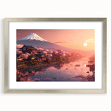 Textured art print of an abstract Japanese scenery in muted gray and silver, framed with a mat, ideal for bedroom art.
