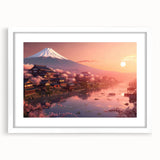 Abstract art print featuring a serene Japanese landscape in muted green and blue tones on a framed white mat.