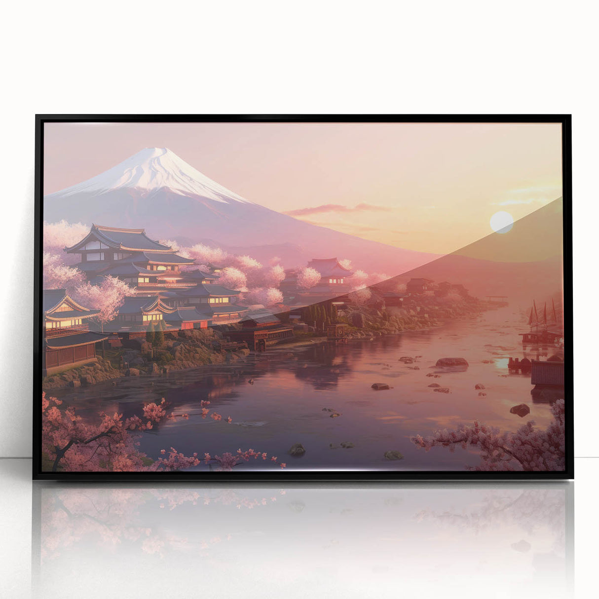 Large abstract wall art depicting a stylized Japanese landscape in muted earth tones on framed acrylic.