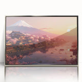 Mid-century modernist art depicting a serene Japanese landscape in muted earth tones on a framed acrylic print.