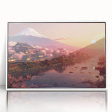 Art deco poster of a Japanese scenery in muted blue and white tones, acrylic print framed in white.