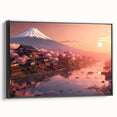 Black and white framed canvas of a vintage Japanese landscape, ideal for bedroom wall decor.