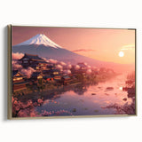 Vintage poster art depicting a serene Japanese landscape on framed canvas, with muted gold and black tones.