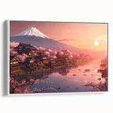 Vintage poster art of a Japanese scenery in vibrant colors on a large framed canvas, ideal for living room decor.