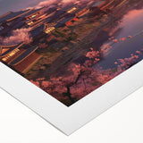 Art deco poster of a Japanese landscape in muted earth tones on rolled canvas, suitable for dining room decor.