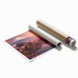 Extra large rolled print featuring a Japanese landscape with cherry blossoms in soft pink and white tones.