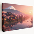 Large art depicting a serene Japanese landscape in muted earth tones on stretched canvas, ideal for kitchen wall art.