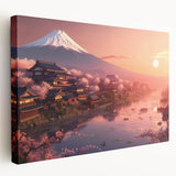 Large art depicting a serene Japanese landscape in muted earth tones on stretched canvas, ideal for kitchen wall art.