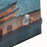 Large abstract wall art featuring a mid-century modernist Korean scenery in muted earth tones on acrylic glass.