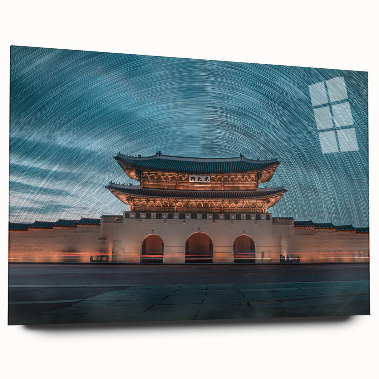 Large abstract wall art featuring a serene Korean landscape in muted tones on acrylic glass.
